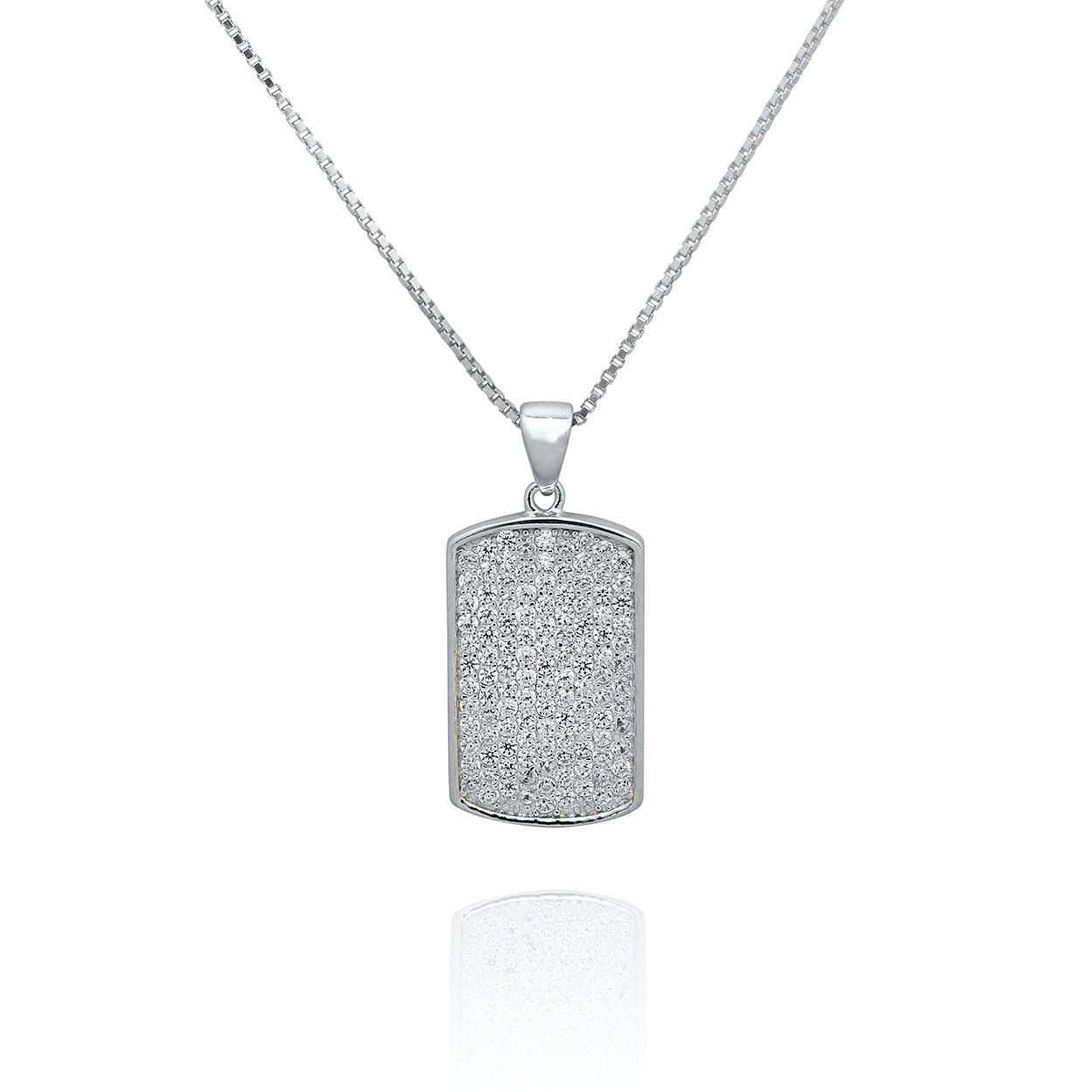 Sterling Silver Rhodium Plated Dog Tag Pendant set with Cubic Zirconia on a Box Chain