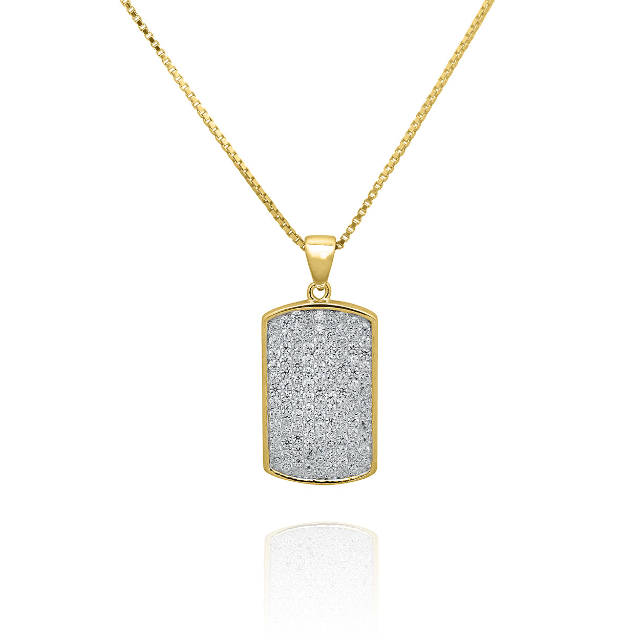 Sterling Silver 18KT Gold Plated Dog Tag Pendant set with Cubic Zirconia on a Box Chain