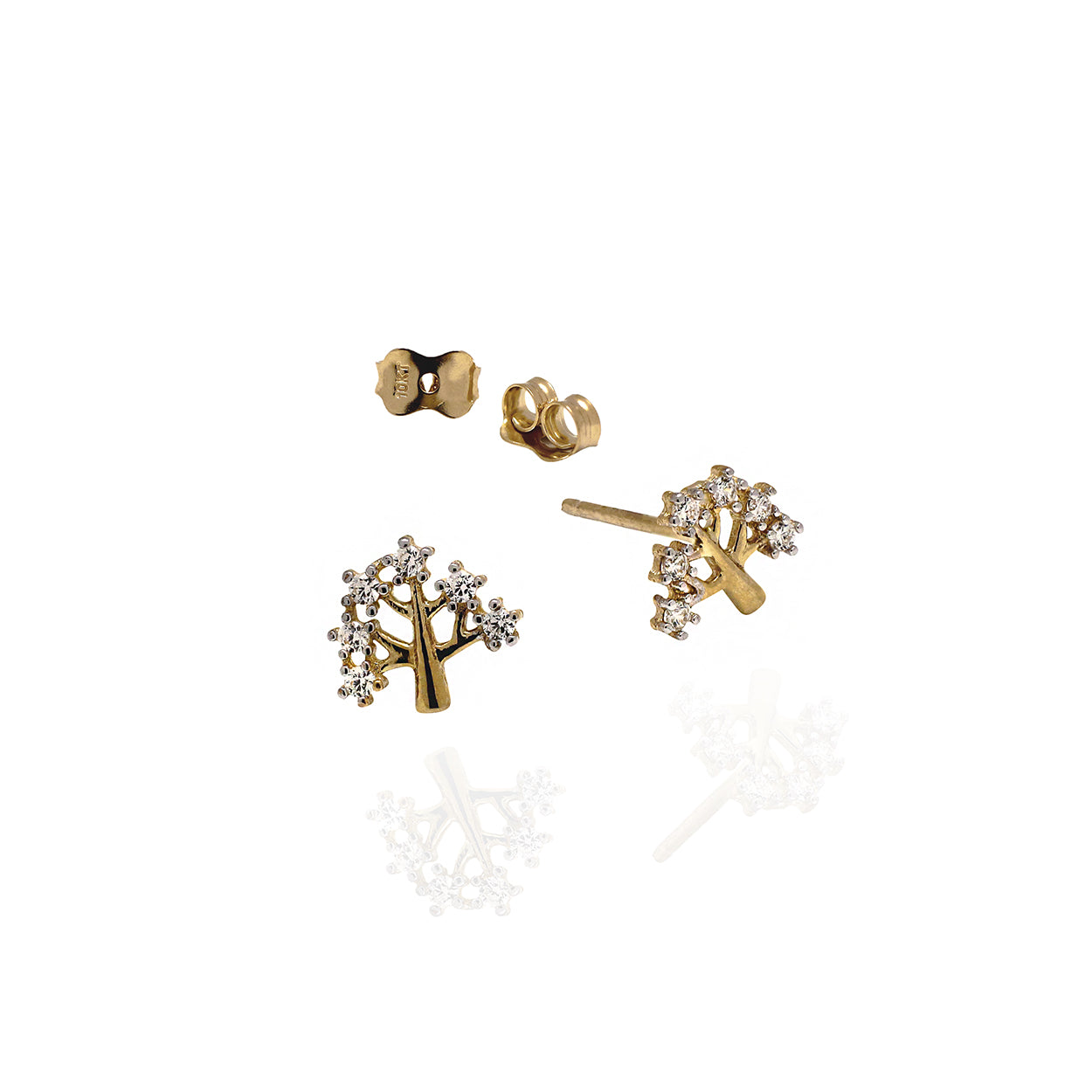 10kt Yellow Gold Tree of Life Stud Earrings set with Cubic Zirconia