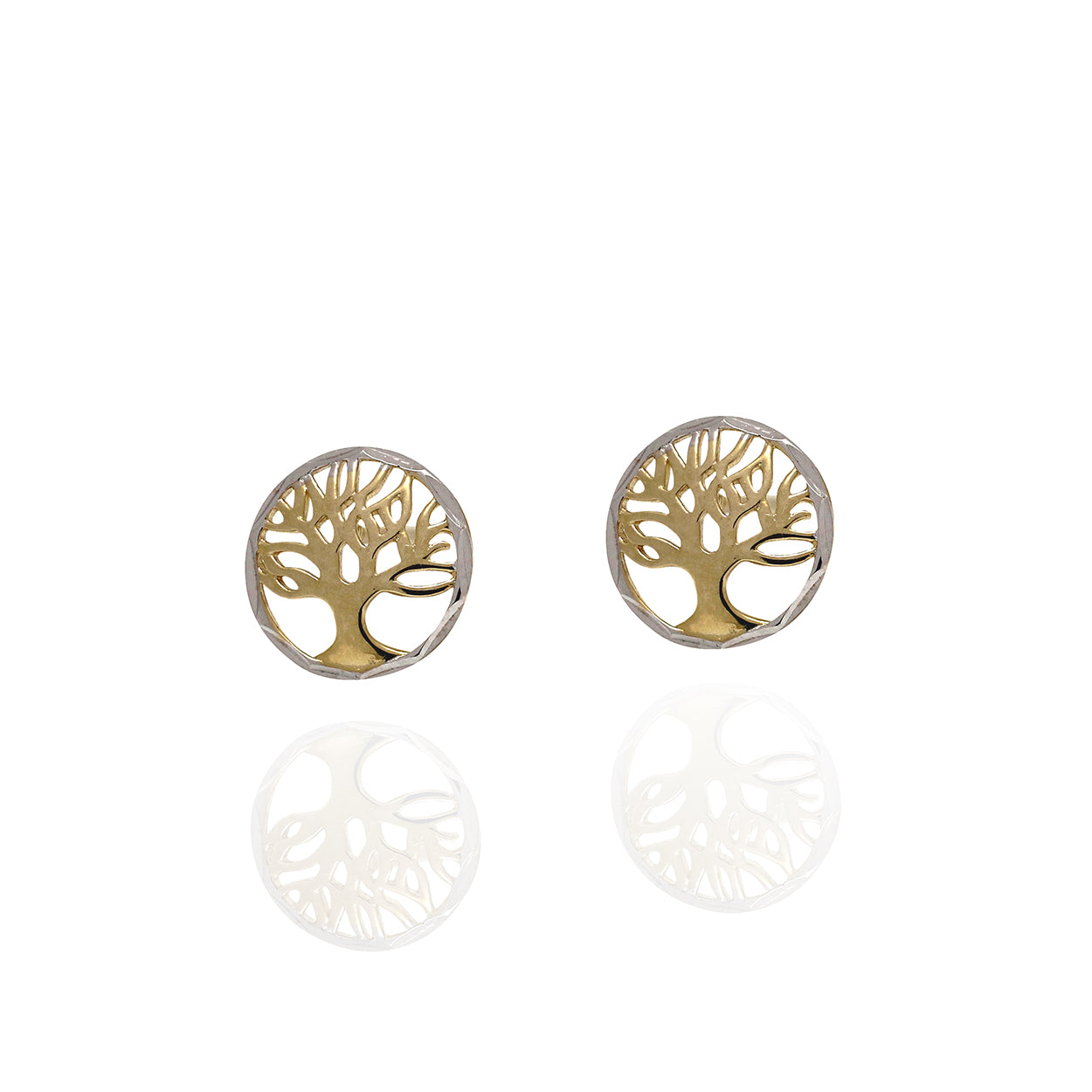 10kt Yellow and White Gold Tree of Life Stud Round Stud Earrings