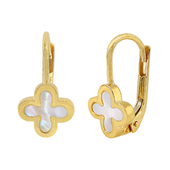10KT Yellow Gold Mother of pearl clover huggies