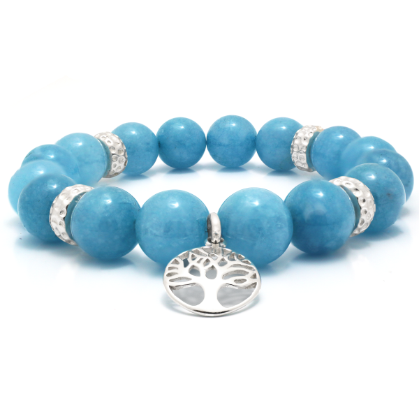 Aquamarine Beaded Bracelet with Sterling Silver Spacer Beads and Tree of Life Charm