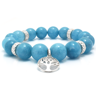 Aquamarine Beaded Bracelet with Sterling Silver Spacer Beads and Tree of Life Charm