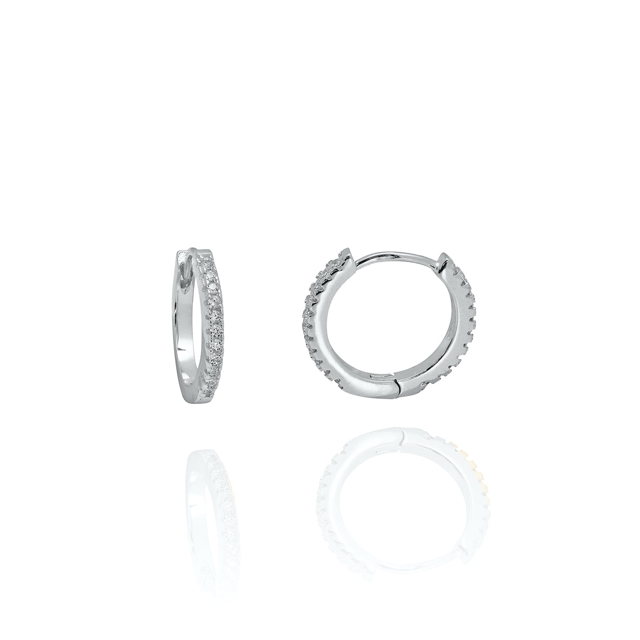 Sterling Silver Rhodium Plated Huggie Style Earrings with Prong Set Cubic Zirconia