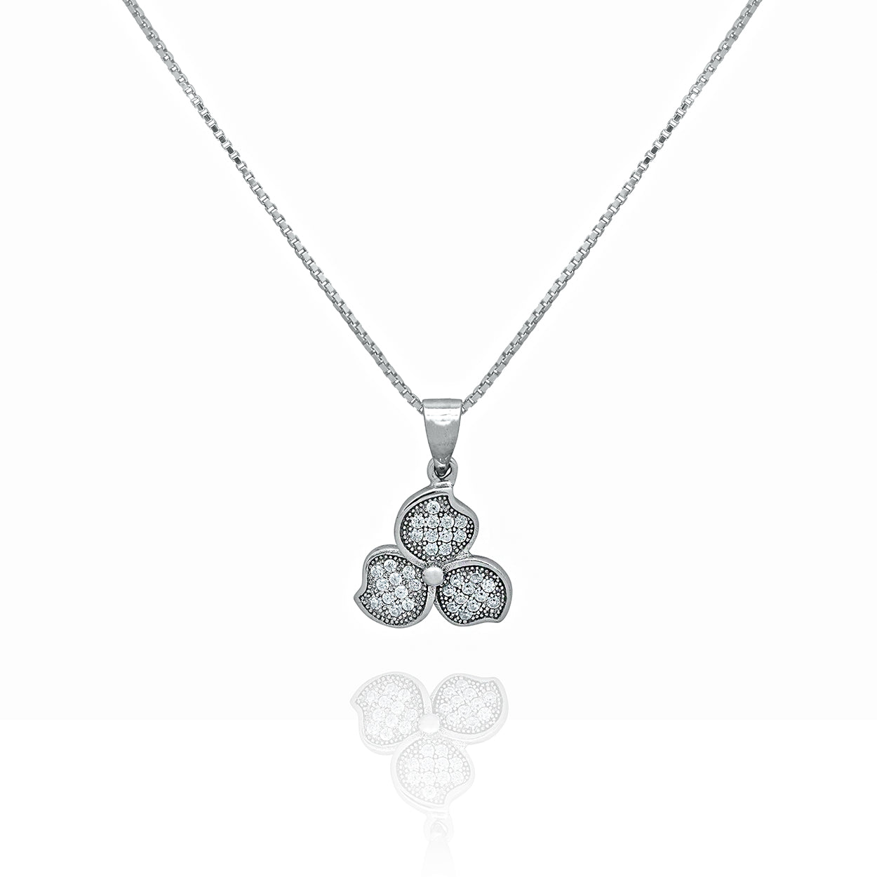 Sterling Silver Rhodium Plated Flower Pendant set with Cubic Zirconia on a Box Chain