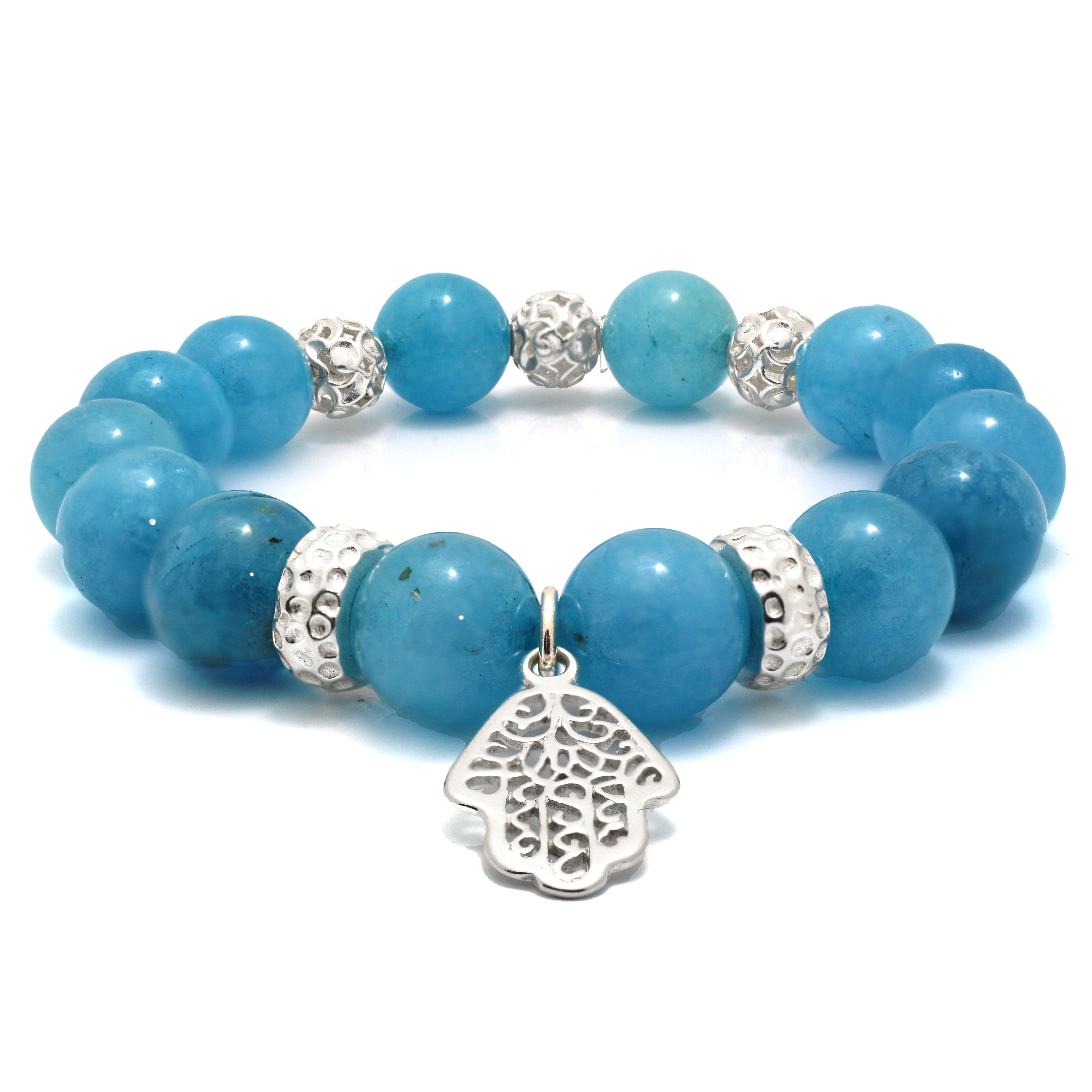 Aquamarine Beaded Bracelet with Silver Spacers and Hamsa Charm
