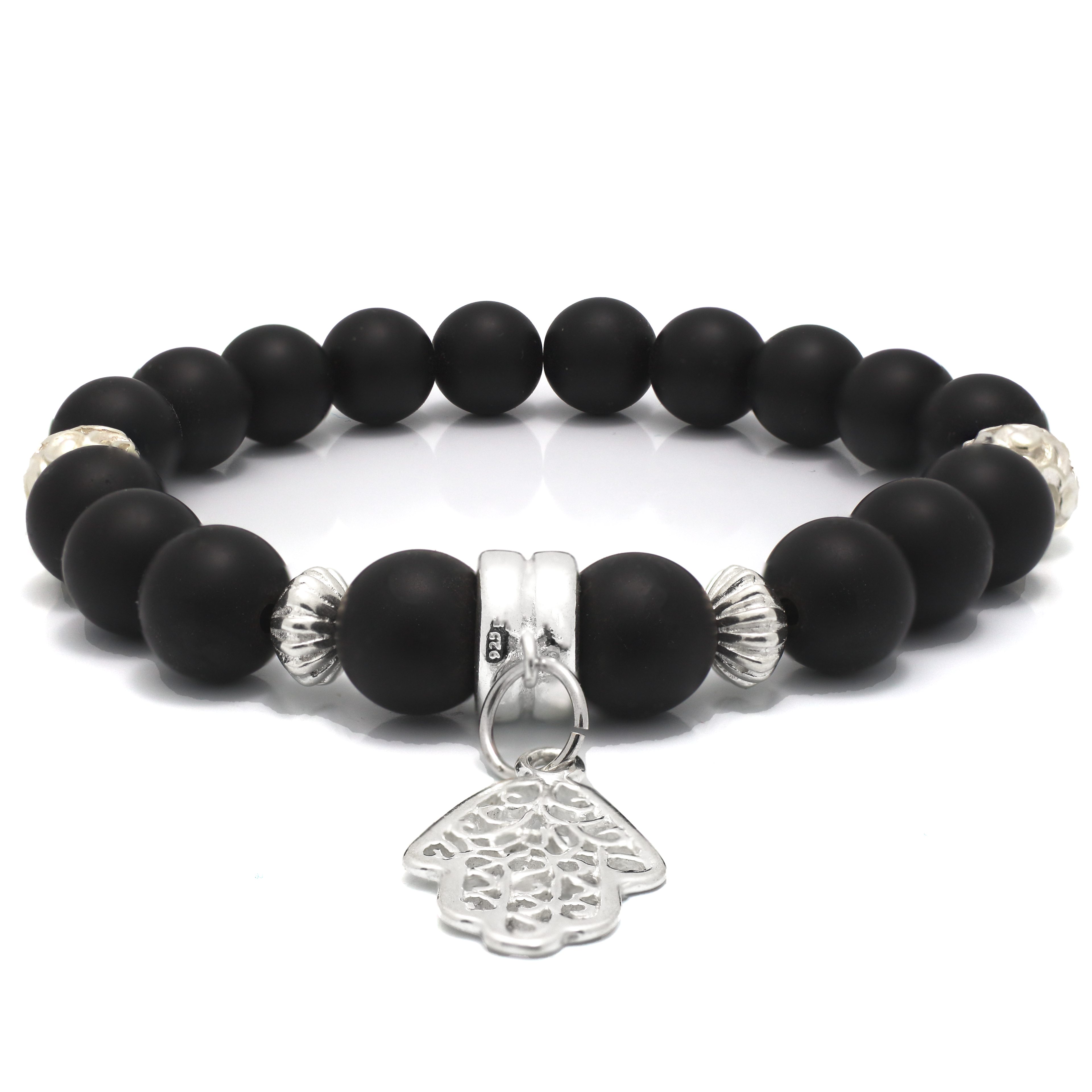Matte Black Onyx Beaded Bracelet with Silver Beads and Hamsa Charm