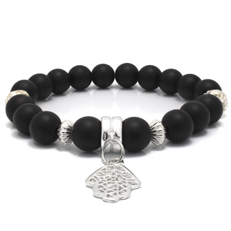 Matte Black Onyx Beaded Bracelet with Silver Beads and Hamsa Charm