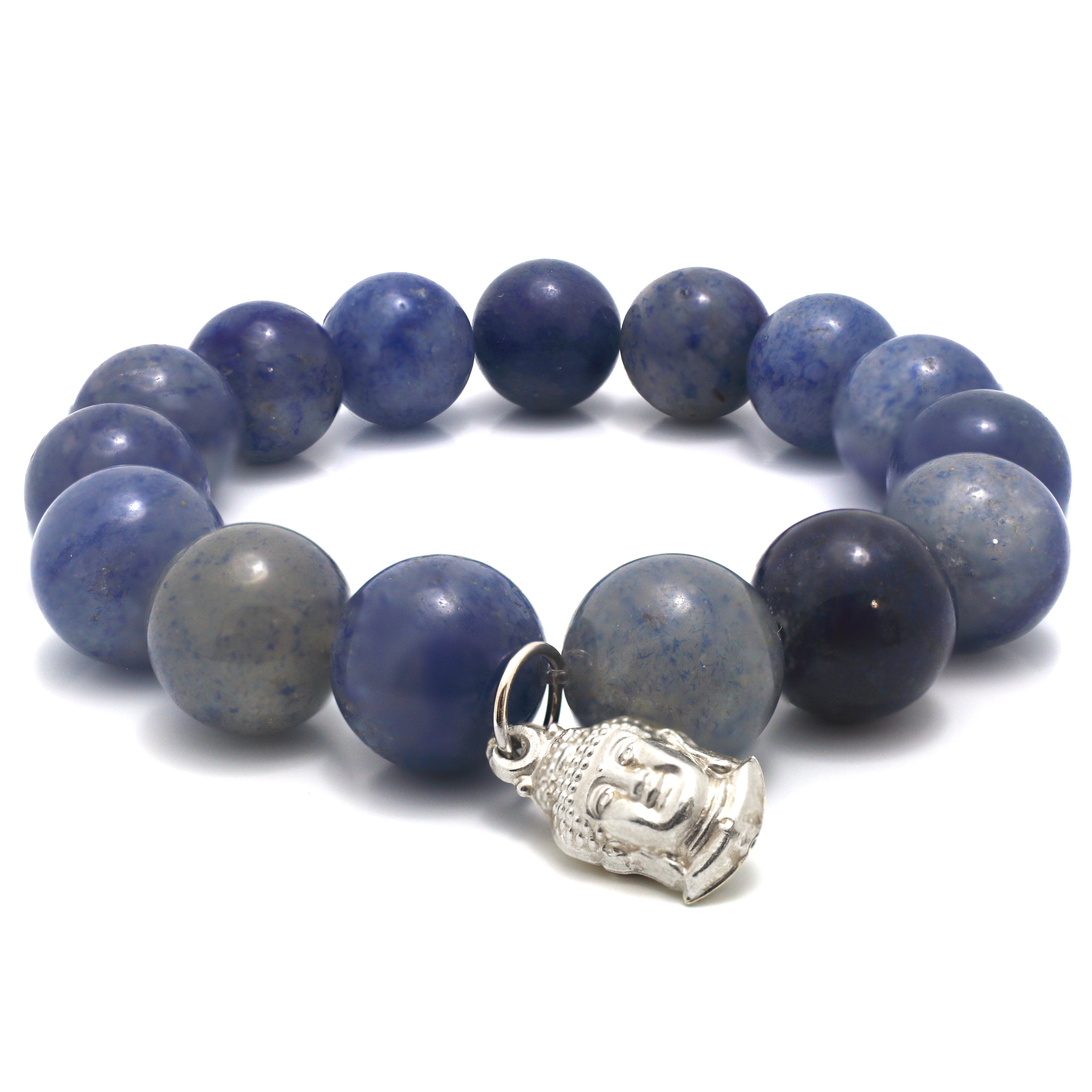 Dark Aquamarine Beaded Bracelet with Silver Buddha Charm