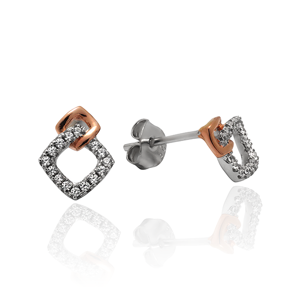 Legend Sterling Silver Weave Stud Earrings set with Cubic Zirconia and Plated in 18kt Rose gold