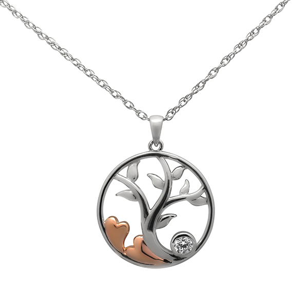 Sterling Silver and 18kt Rose Gold Plated Tree of Life Necklace set with Cubic Zirconia