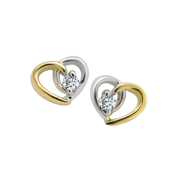 Sterling Silver and 18kt Yellow Gold Plated Loving Hearts Stud Earrings set with Cubic Zirconia
