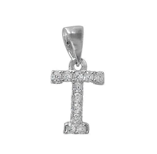 Sterling Silver Initial Pendant Set with Cubic Zirconia Letter T