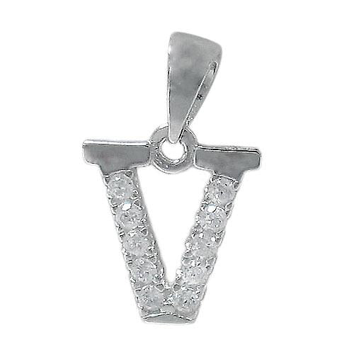 Sterling Silver Initial Pendant Set with Cubic Zirconia Letter V