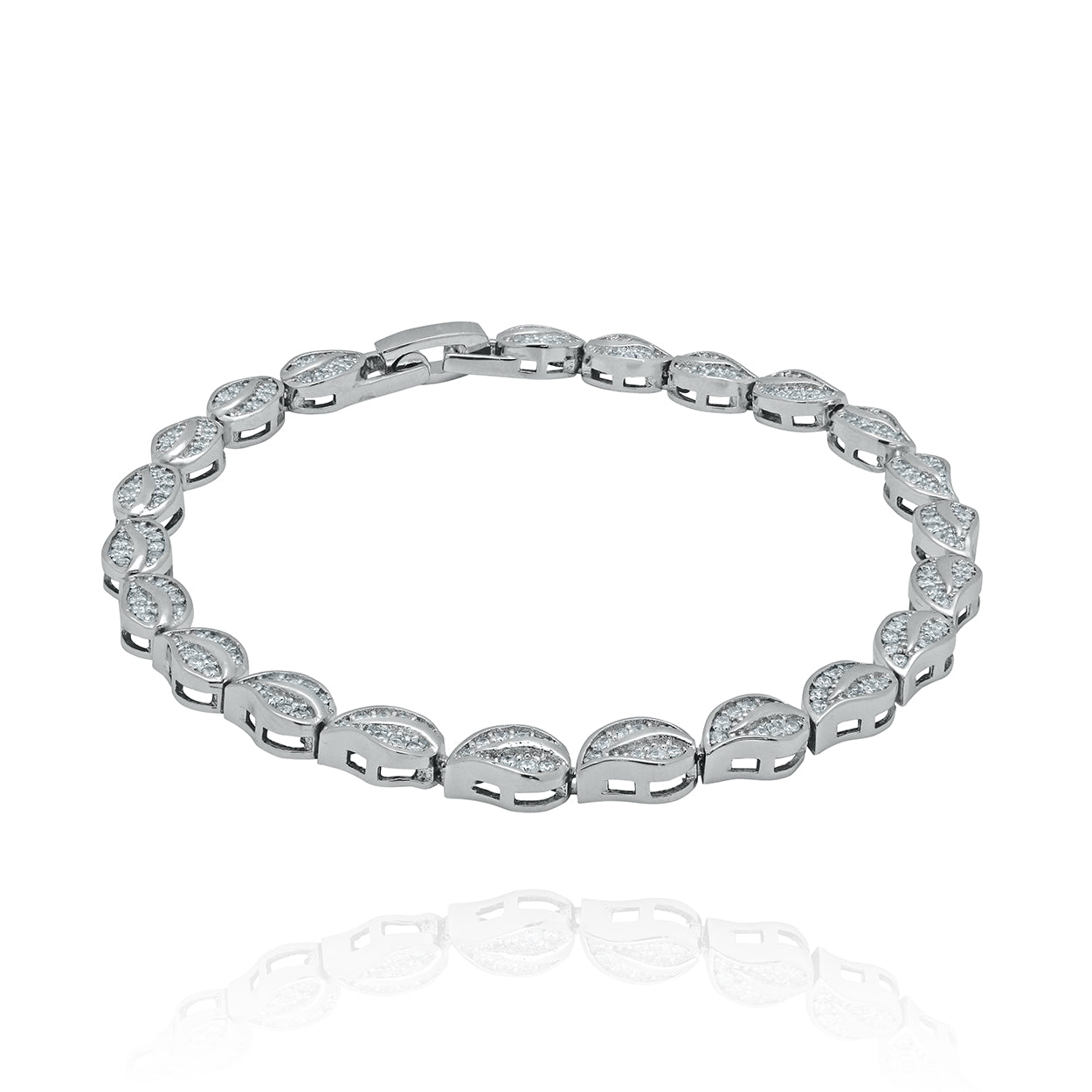 Sterling Silver Rhodium Plated Leaf Link Bracelet set with Cubic Zirconia