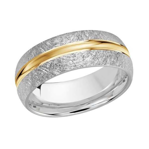 Style 12 Malo Wedding Band Solid Gold White Yellow Scratched Finish
