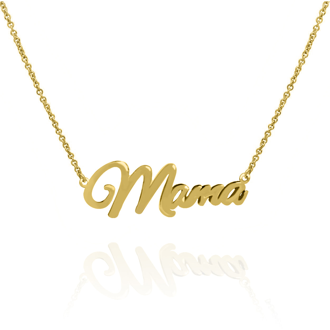 Solid 10KT Yellow Gold Mama Name Pendant attached to a 1mm Wide Cable Chain