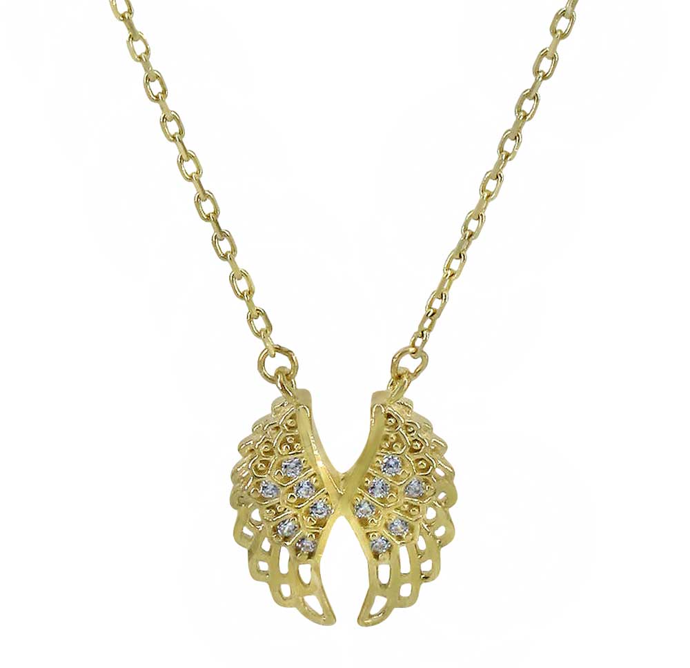 10kt yellow gold set with cubic zirconia angel wing necklace
