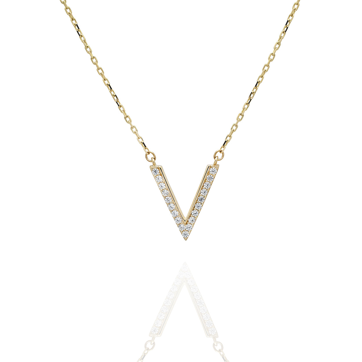10kt Yellow gold V Necklace set with Cubic Zirconia attached to cable style chain