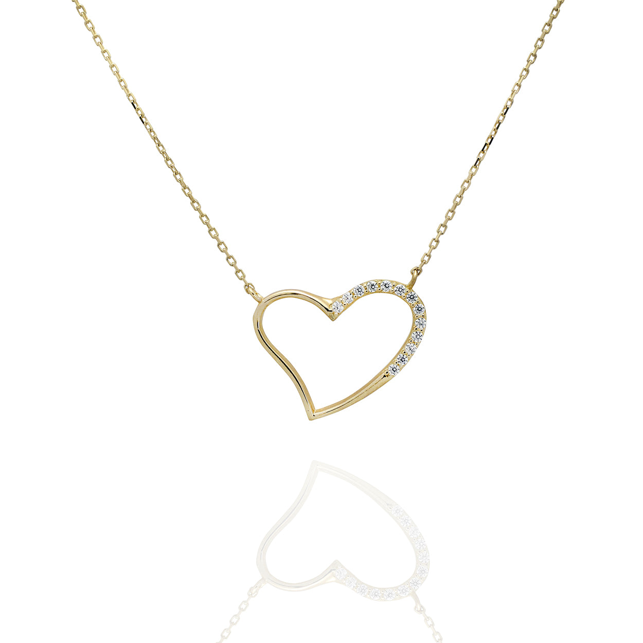 10kt Yellow Gold Heart Cutout Necklace attached to a cable style chain and set with cubic zirconia