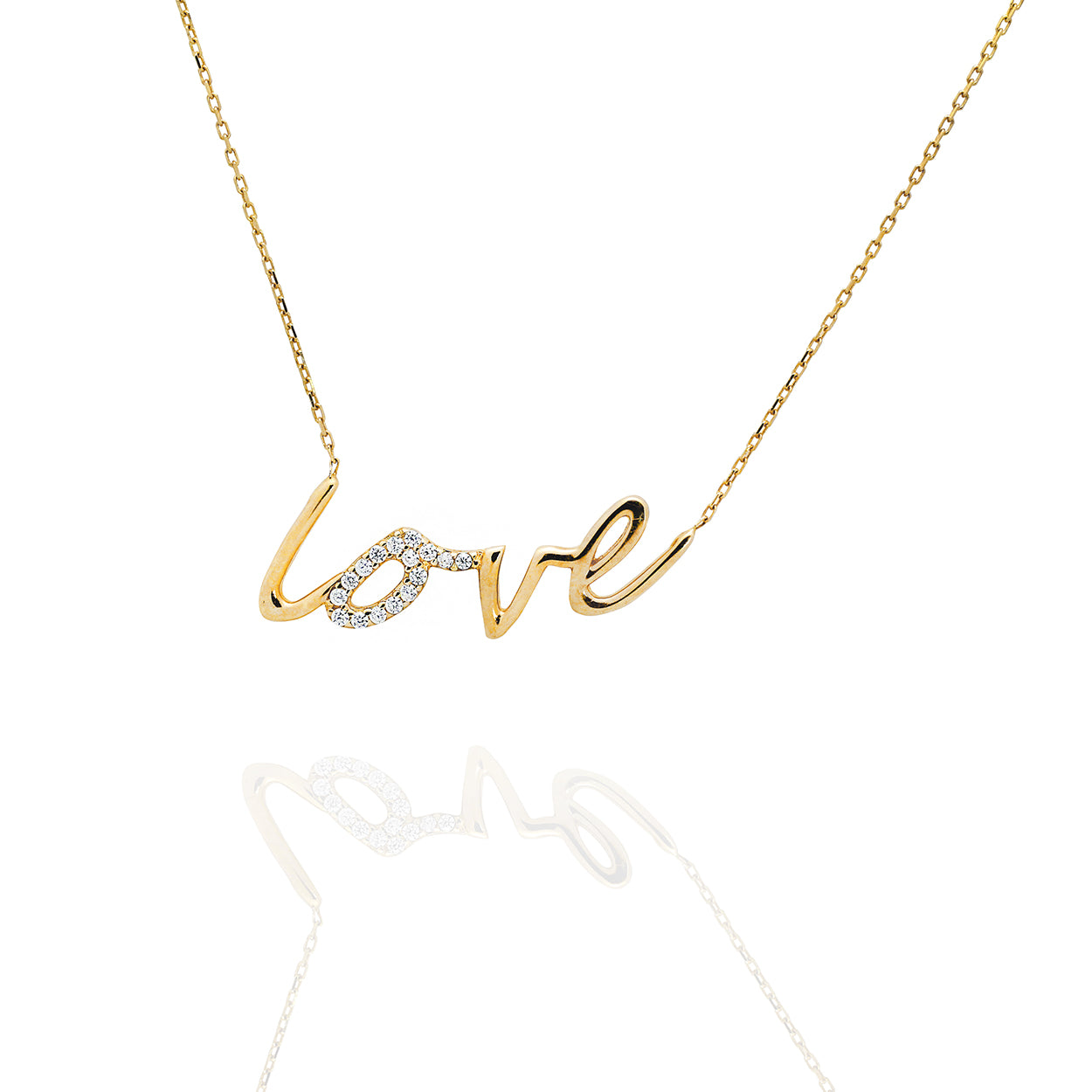 10kt Yellow Gold Love Necklace set with Cubic Zirconia and attached to a cable style chain