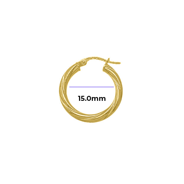 Small 3mm Tube Textured Hoop Earrings Solid Gold Yellow with Measurement 15mm