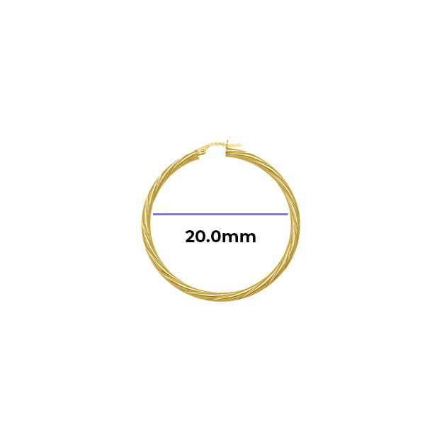Medium 3mm Tube Textured Hoop Earrings Solid Gold Yellow with Measurement 20mm