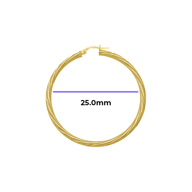 Large 3mm Tube Textured Hoop Earrings Solid Gold Yellow with Measurement 25mm