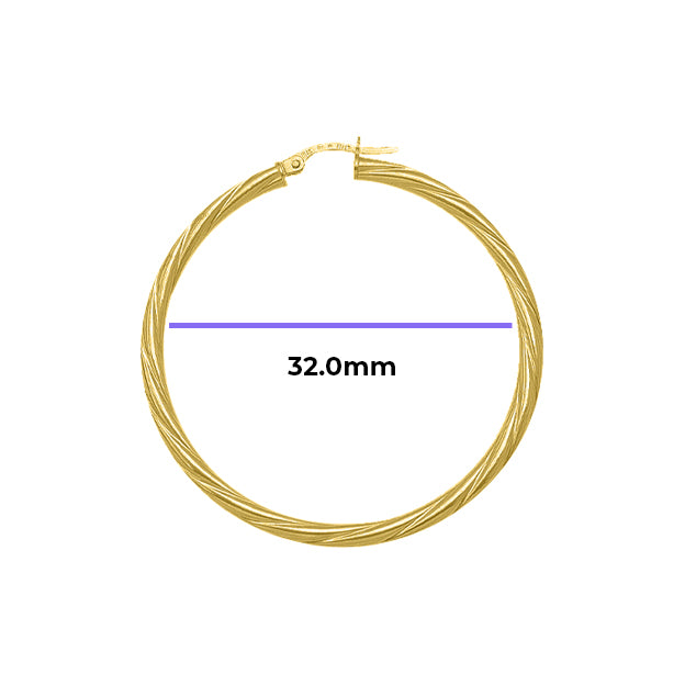 Extra Large 3mm Tube Textured Hoop Earrings Solid Gold Yellow with Measurement 32mm