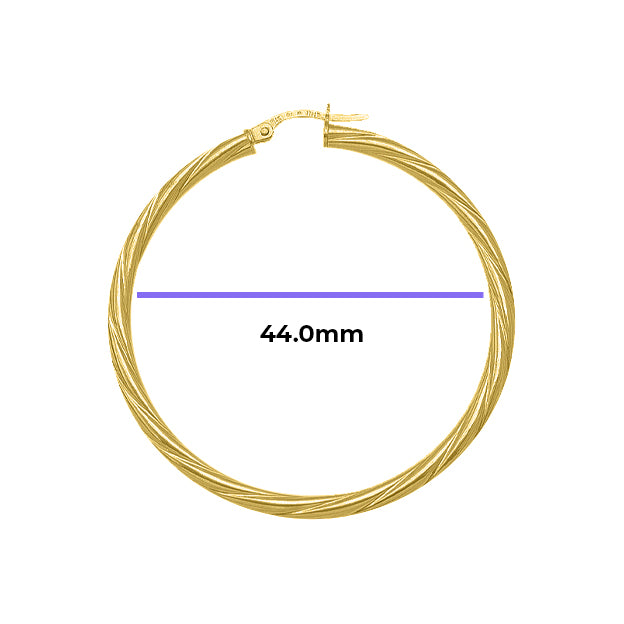 Extra Extra Large 3mm Tube Textured Hoop Earrings Solid Gold Yellow with Measurement 44mm