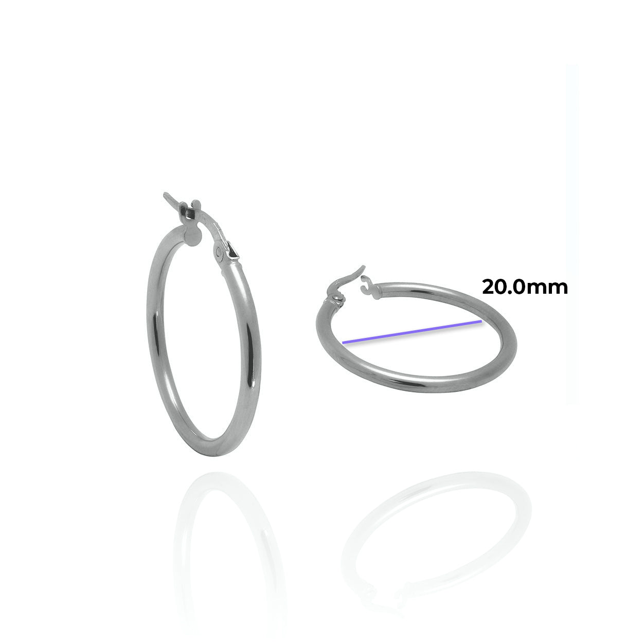 Small Sized 2mm Tube Solid Gold Hoop Earrings White with Measurement 20.0mm