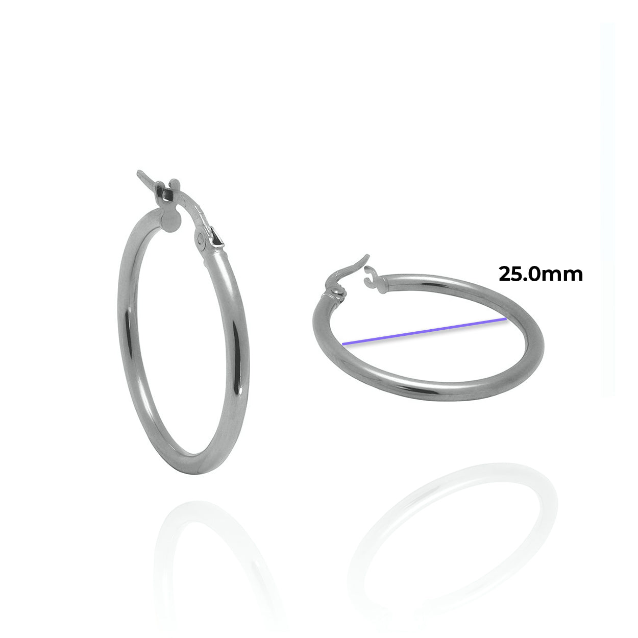 Medium 2mm Tube Solid Gold Hoop Earrings White with Measurement 25.0mm