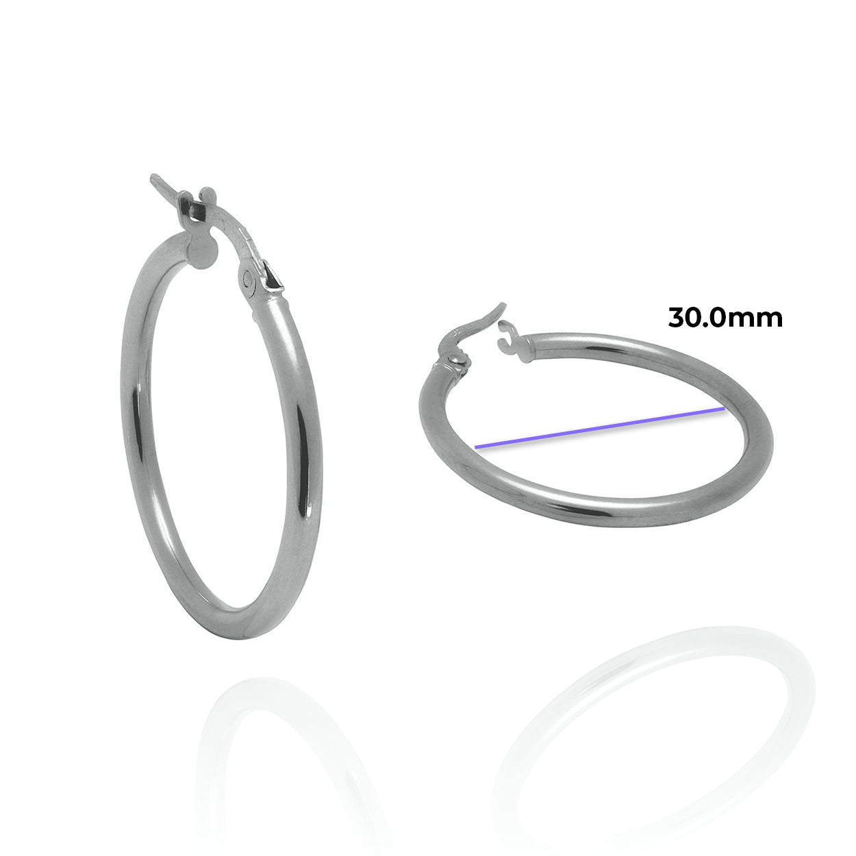 Large 2mm Tube Solid Gold Hoop Earrings White with Measurement 30.0mm