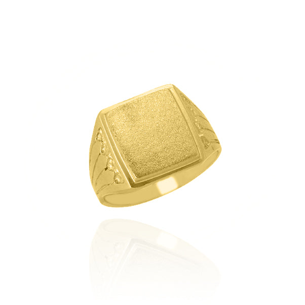 10KT Solid Yellow Gold Square Signet Textured Shoulders Ring