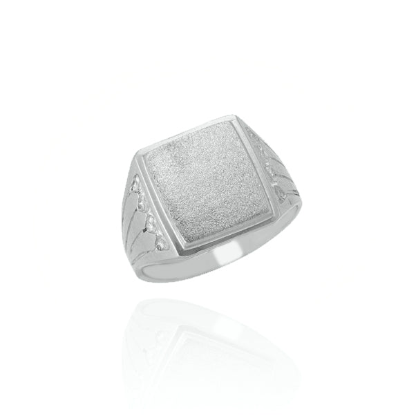 10KT Solid White Gold Square Signet Textured Shoulders Ring