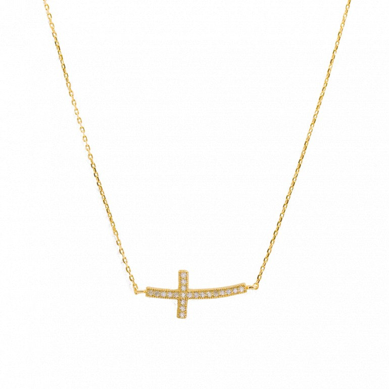 18kt Yellow Gold Cubic Zirconia Horizontal Cross Necklace