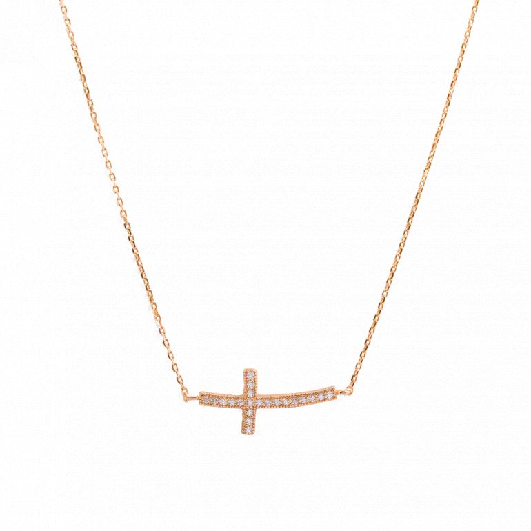 18kt Rose Gold Cubic Zirconia Horizontal Cross Necklace