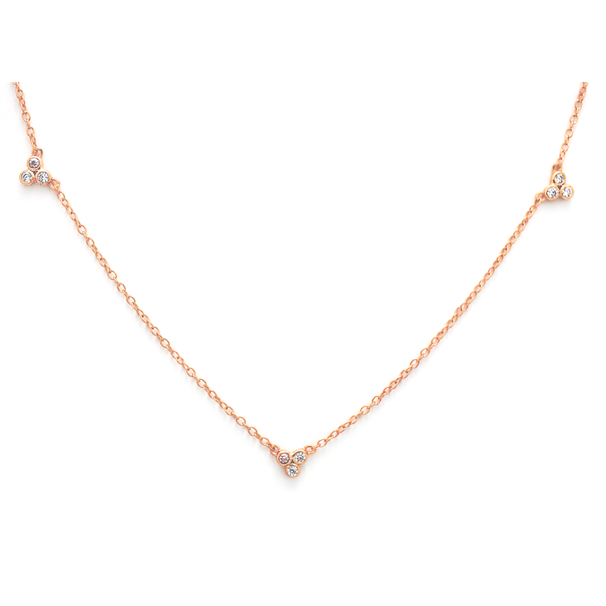 18kt Rose Gold Plated Necklace with Triple Set Cubic Zirconia Charms