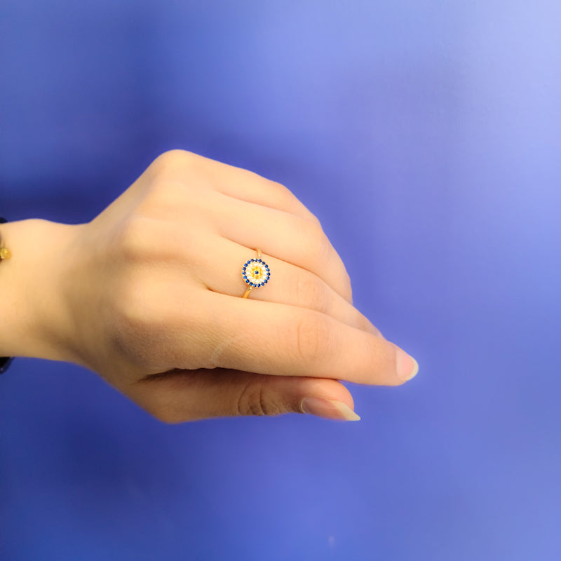 Model Wearing Round Evil Eye Ring set with Sapphire Citrine and Cubic Zirconia