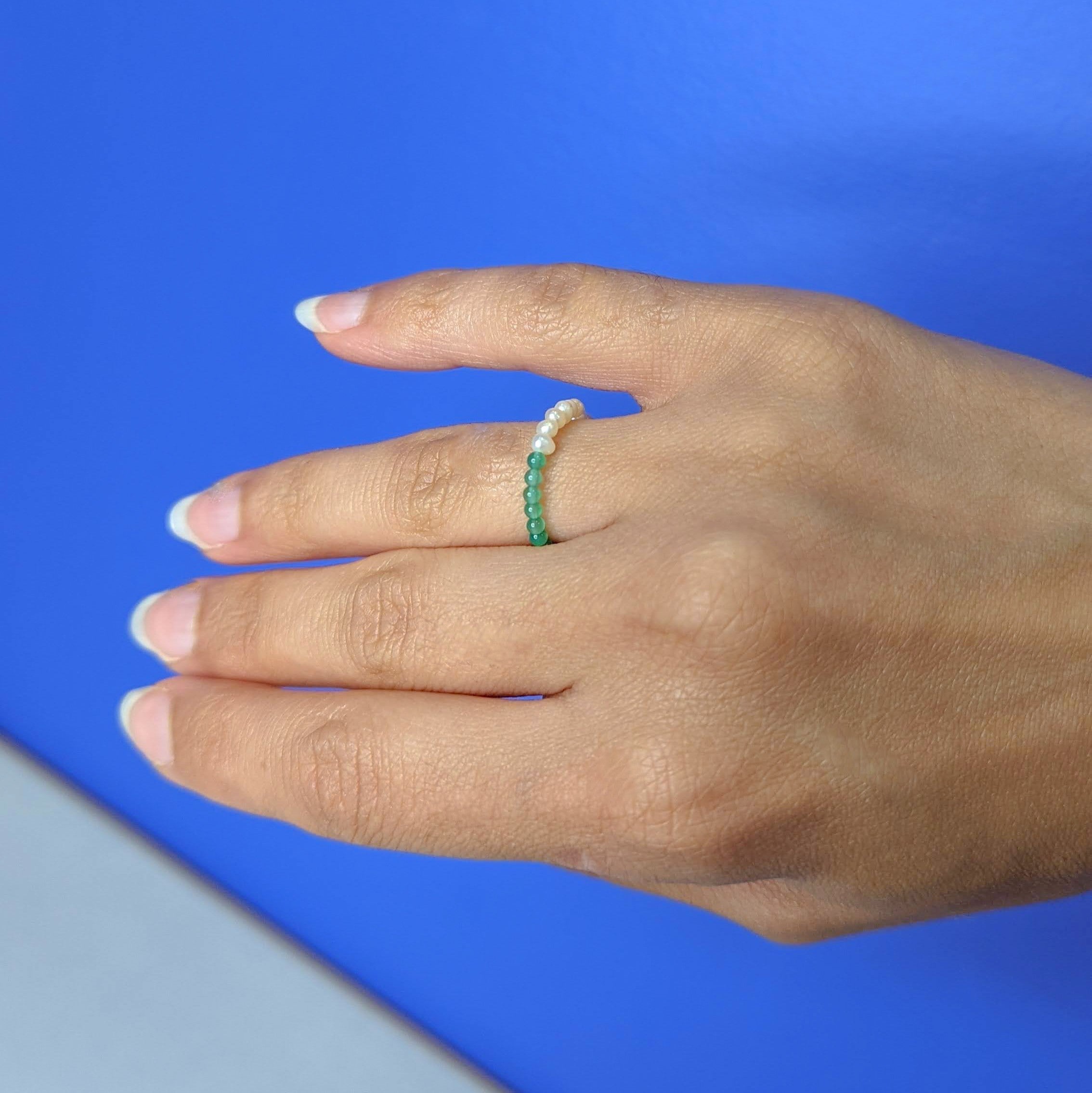 Half Pearl Green Agate Ring - Silver