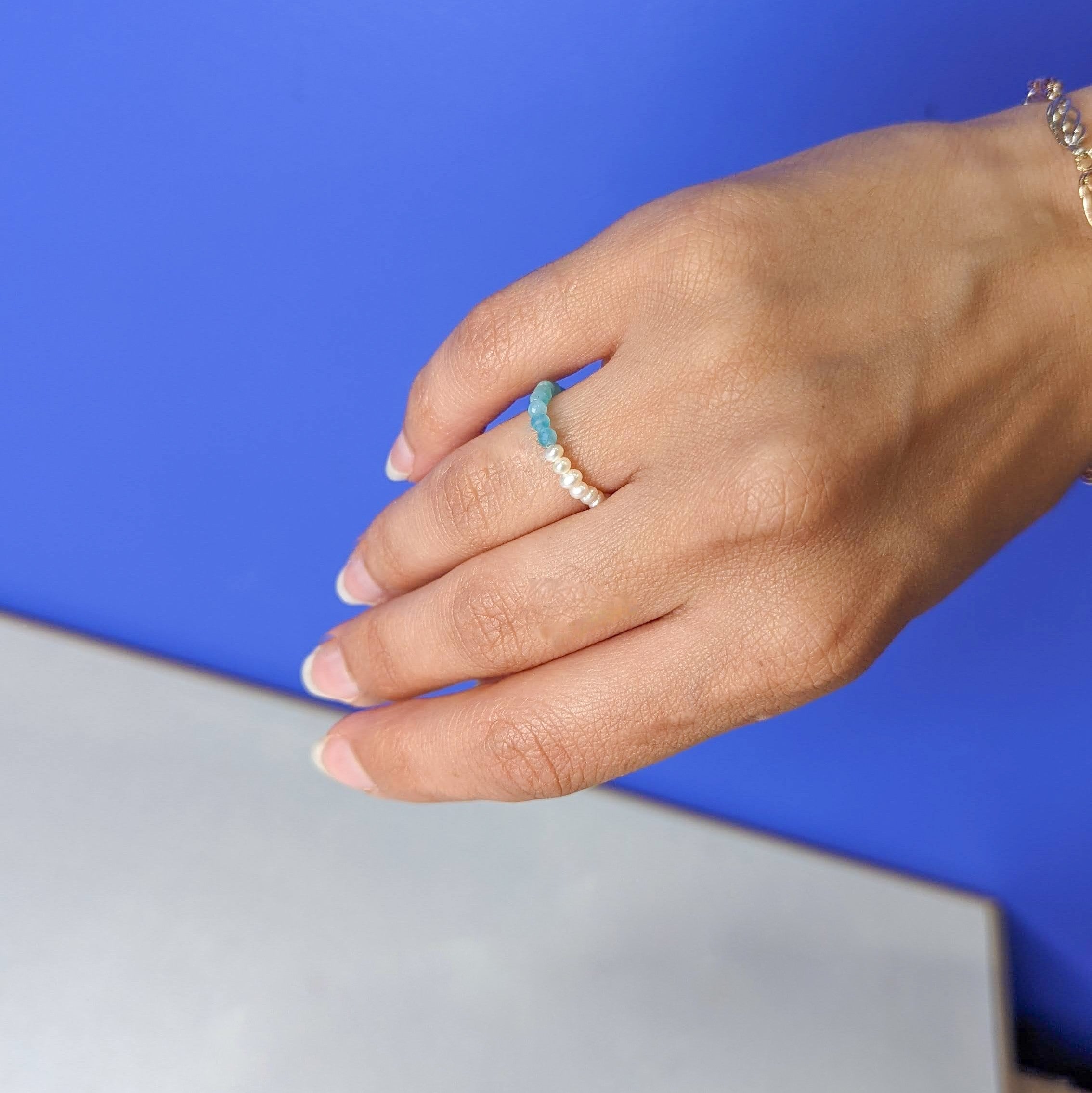 Half Pearl Amazonite Ring - Silver