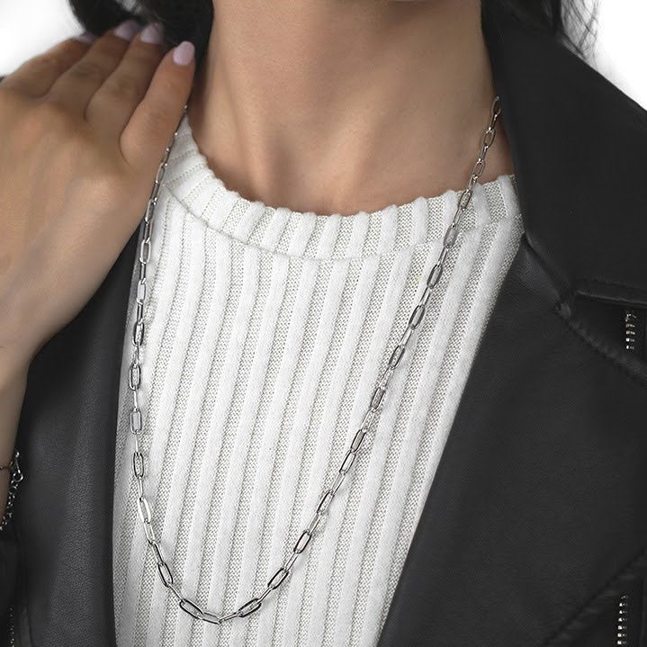 Sterling Silver Paper Clip Chain Worn by Woman in Leather Jacket