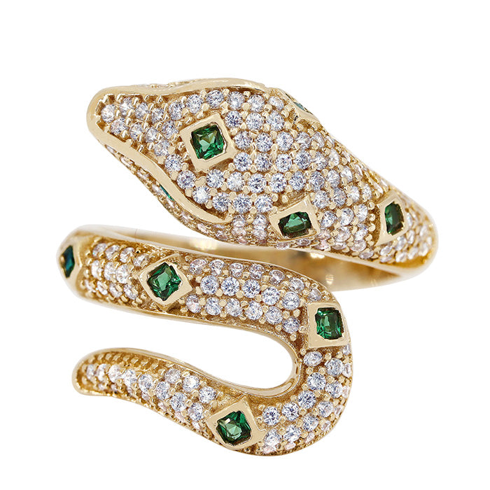 10kt yellow gold snake ring set with cubic zirconia.