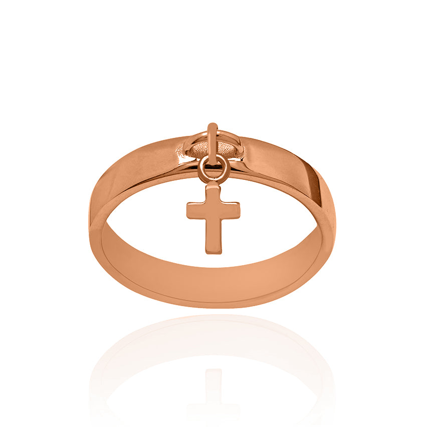 Solid Rose Gold Dangle Ring Large with Cross Charm