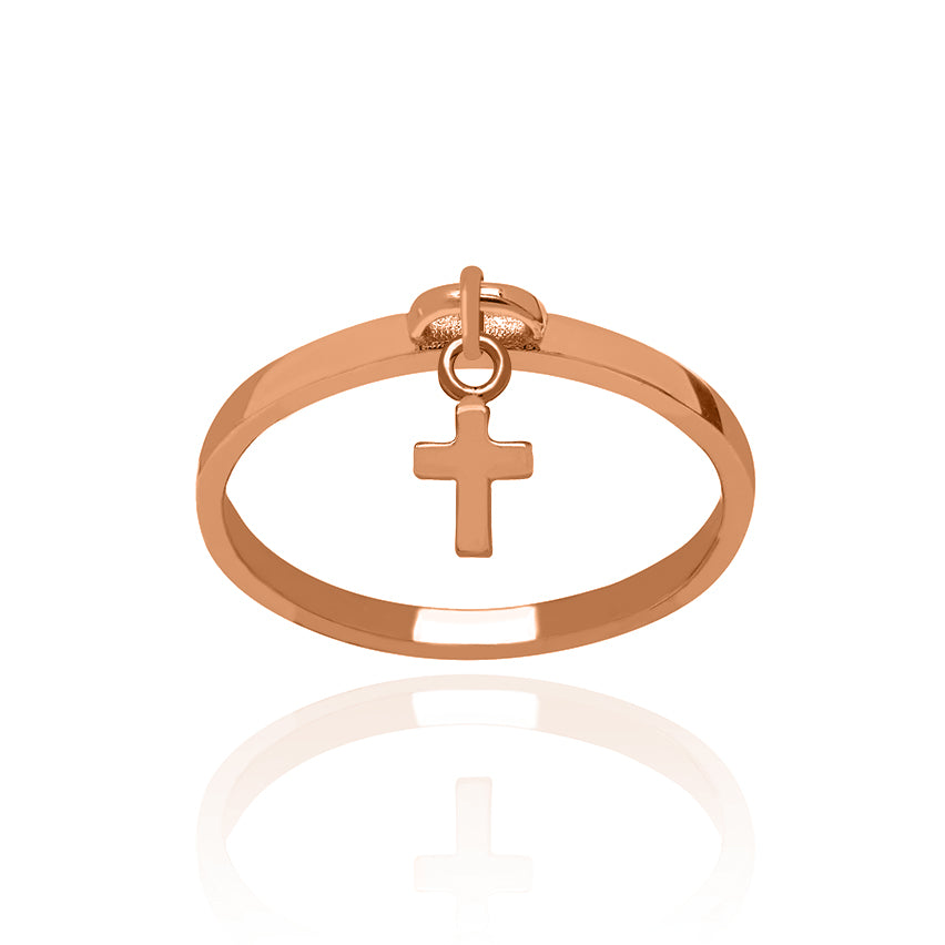 Solid Rose Gold Cross Charm Dangle Ring Small