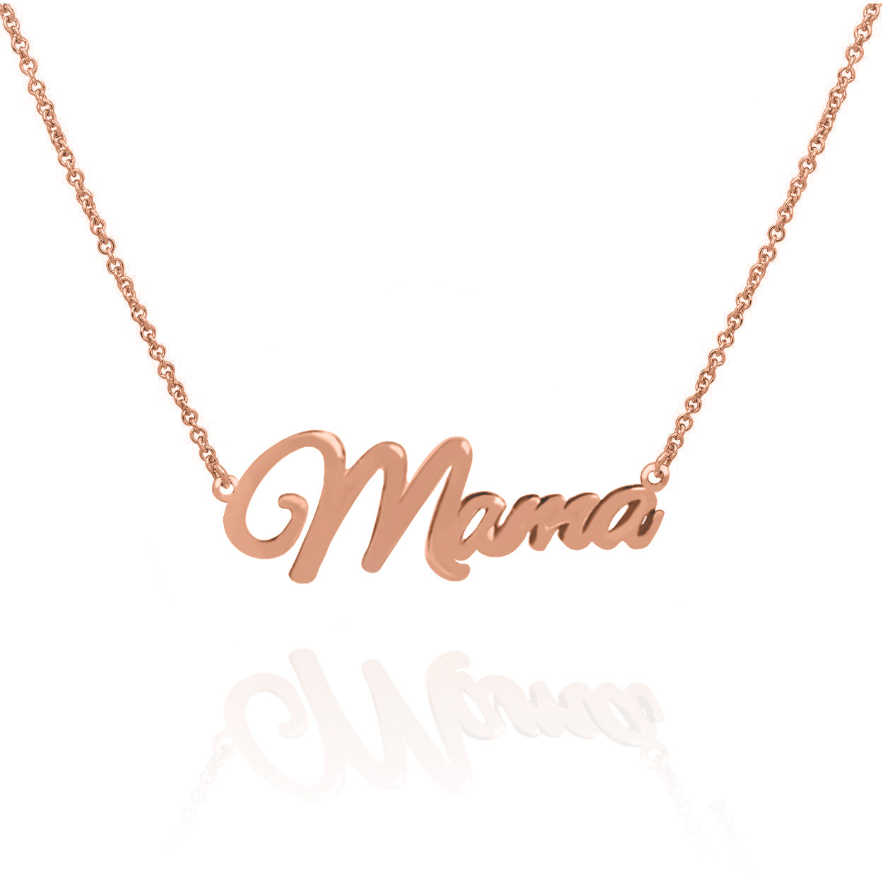 Solid 10KT Rose Gold Mama Name Pendant attached to a 1mm Wide Cable Chain