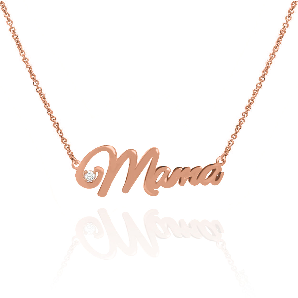 Solid 10KT Rose Gold Mama Name Necklace attached to a Rolo Chain set with a Diamond