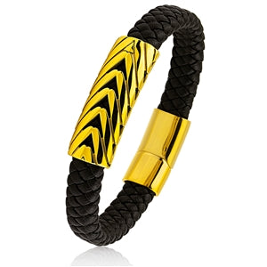 Black Leather Woven Bracelet with a Yellow Gold-Tone Unique Designed Plate and Magnetic Sliding Clasp
