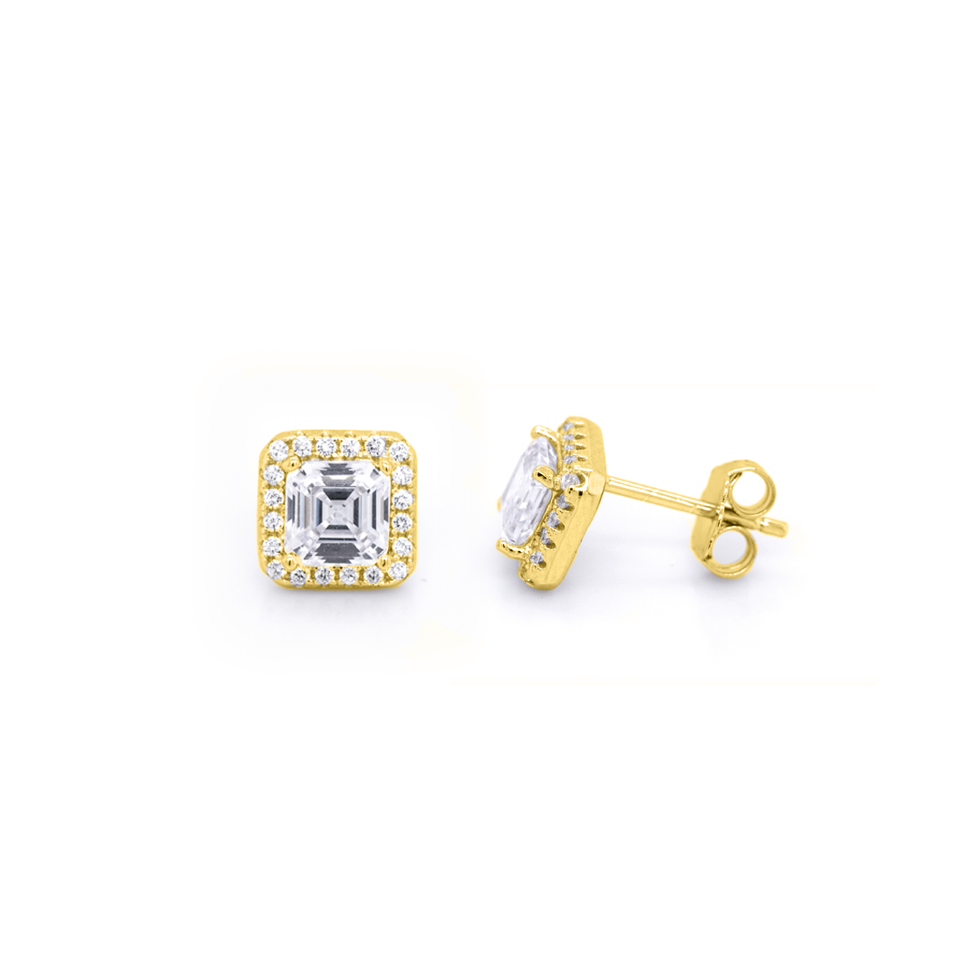 18kt Gold Plated Princess Halo Stud Earrings with Cubic Zirconia