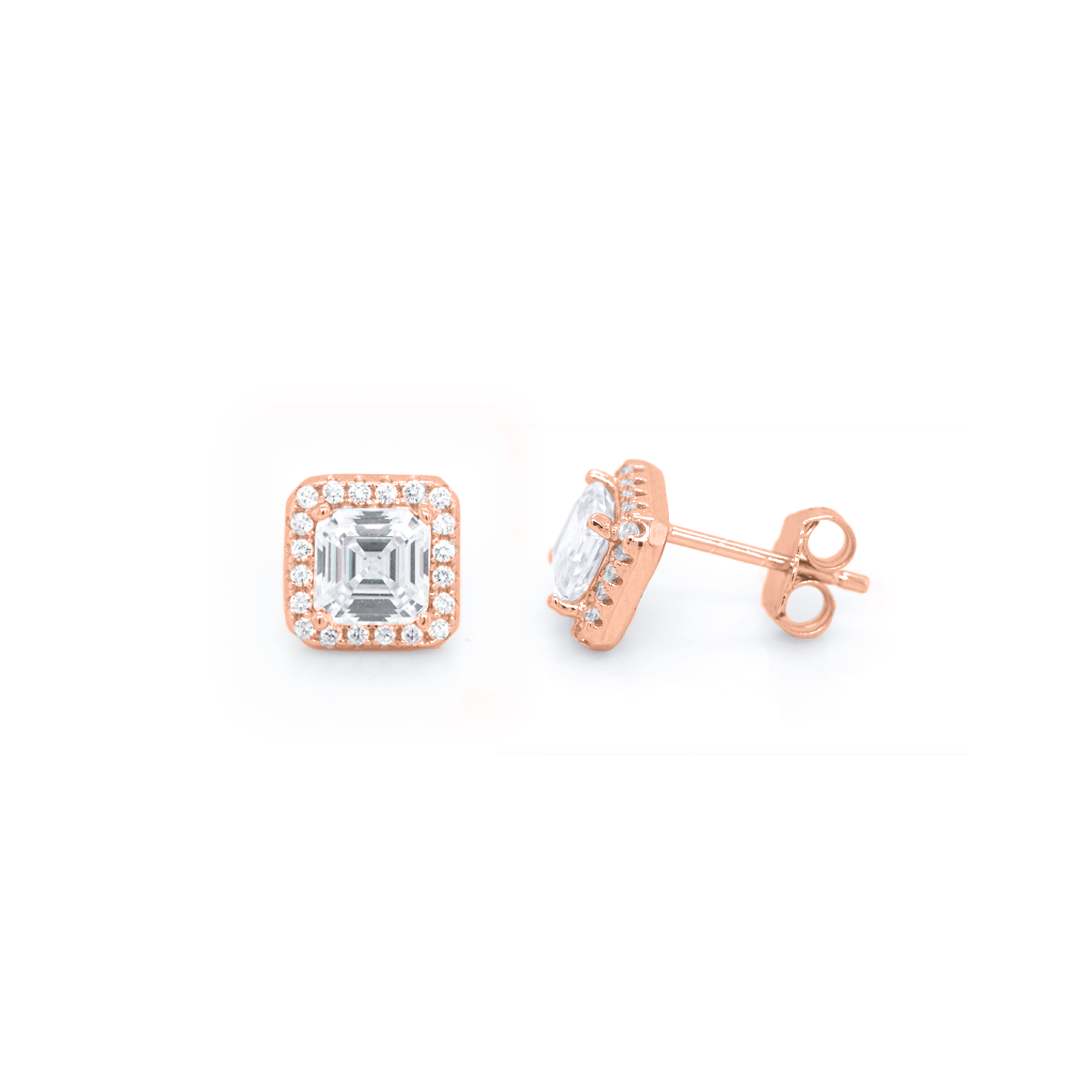 18kt Rose Gold Princess Halo Stud Earrings with Cubic Zirconia
